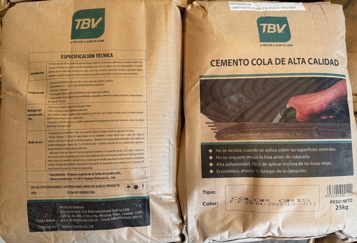 CEMENTO COLA PRO, MARCA TBV, SACO DE 25KG, PARA LOSAS MAYOR DE 40X40CM